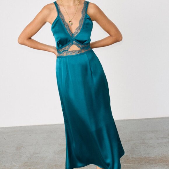 Never Fully Dressed Dresses & Skirts - Never Fully Dressed Teal Lace and Satin Dress